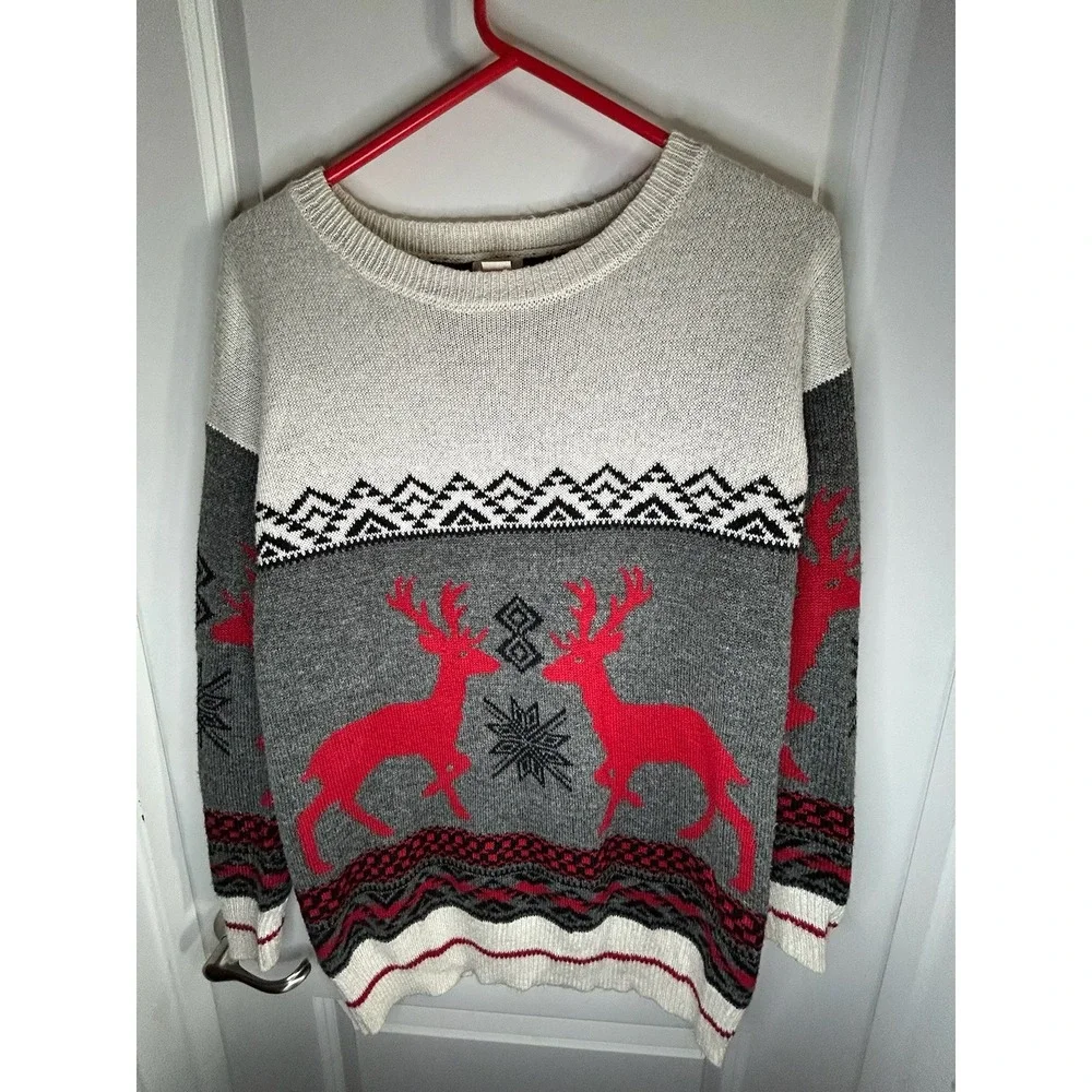 Vintage Mossimo Reindeer Snowflakes AOP Christmas Crewneck Sweater No Flaws‎